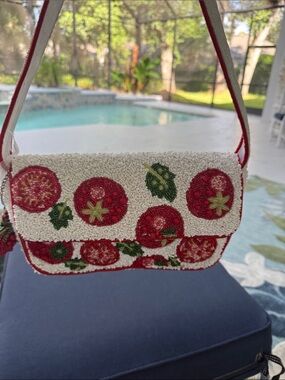 Cream and Red Embroidered Floral Crossbody Bag